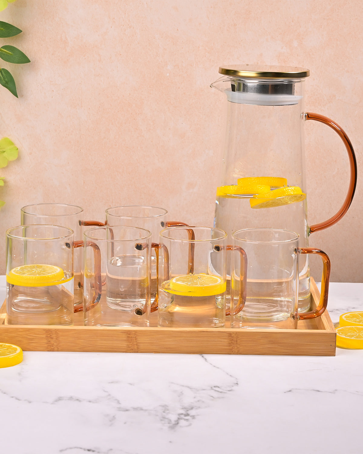 Elegant glass pitcher and mug set with a stylish transparent design