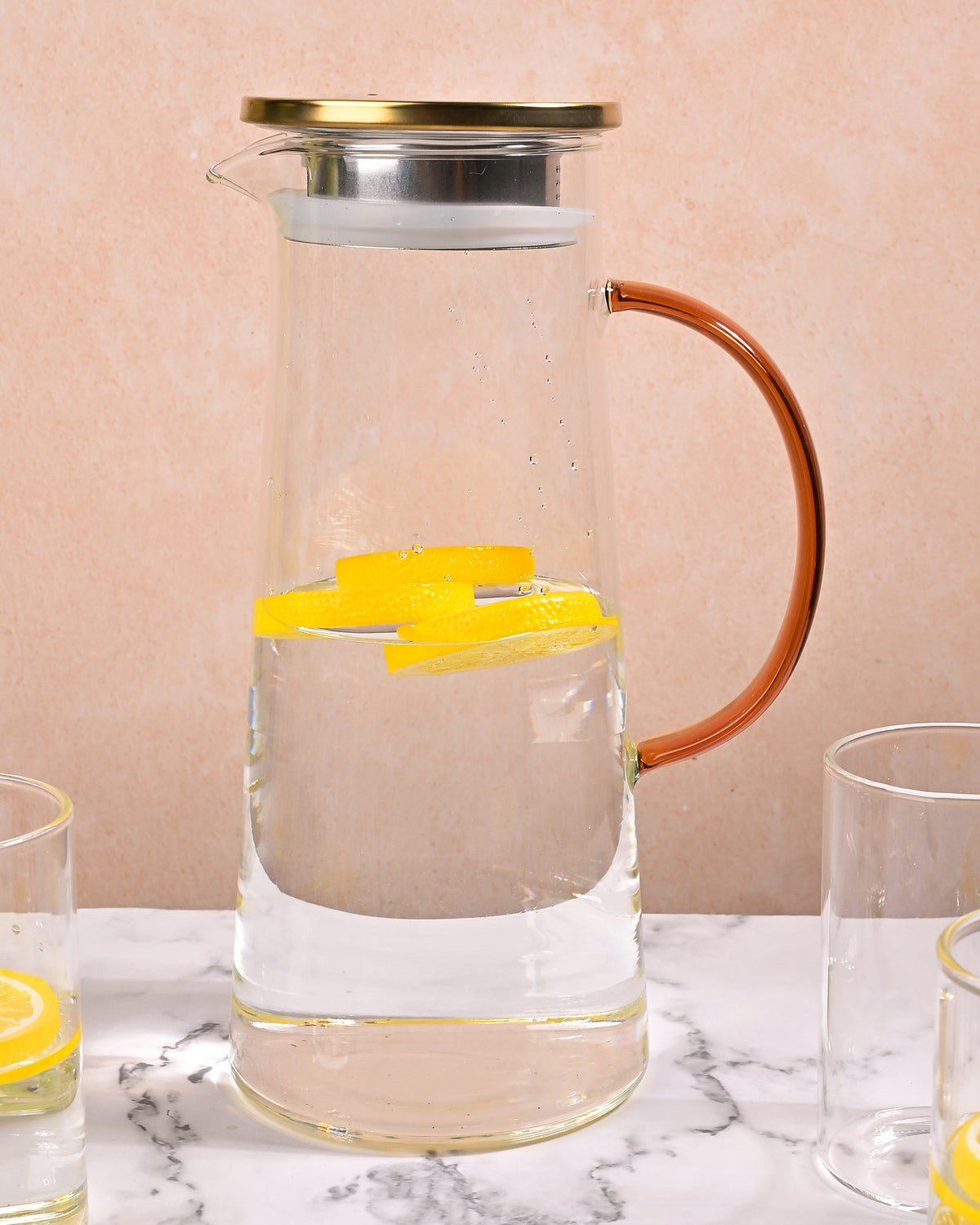 Premium glass pitcher and matching mugs set for serving water and juice