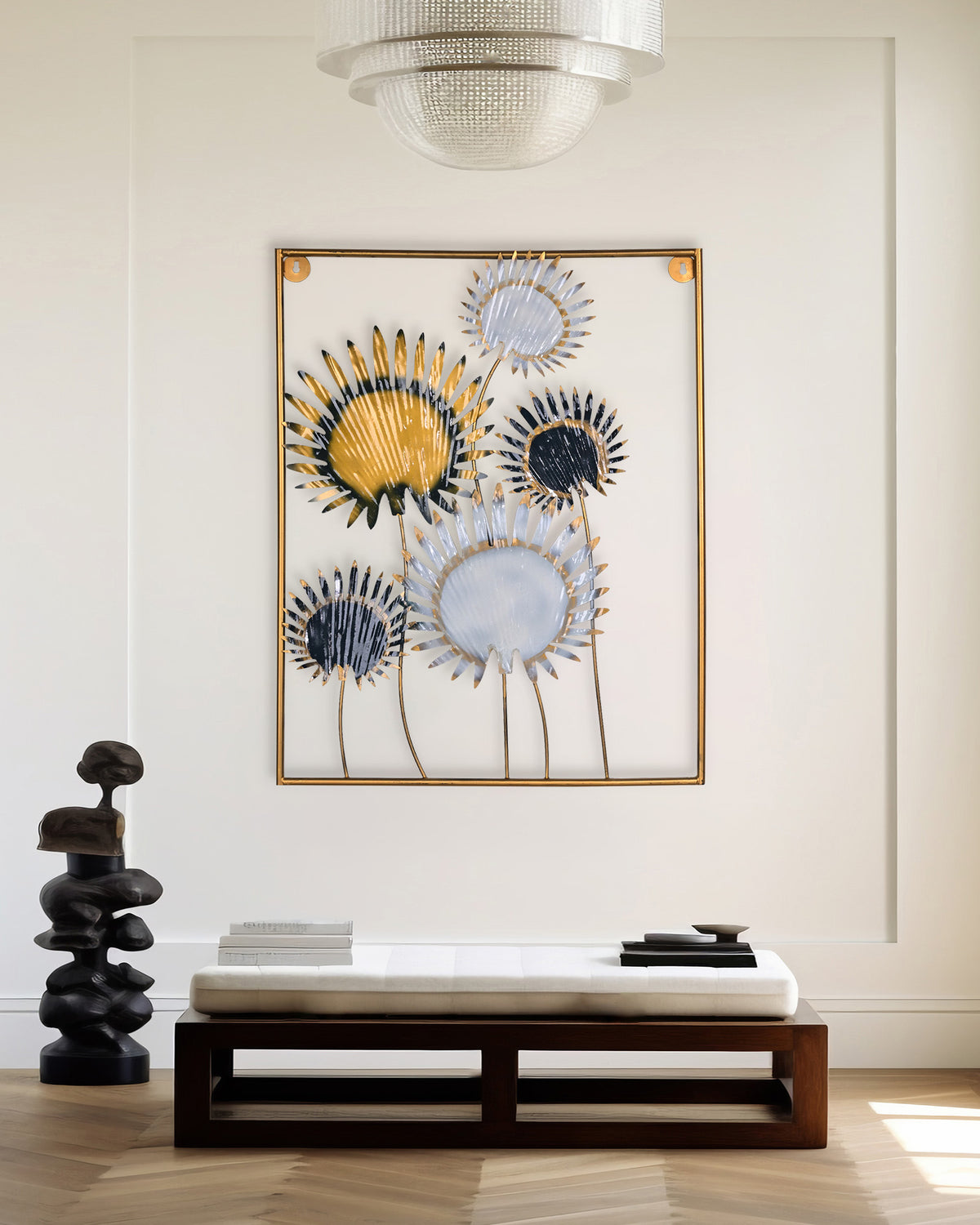 Luxury gold and black wall decor with intricate metal detailing