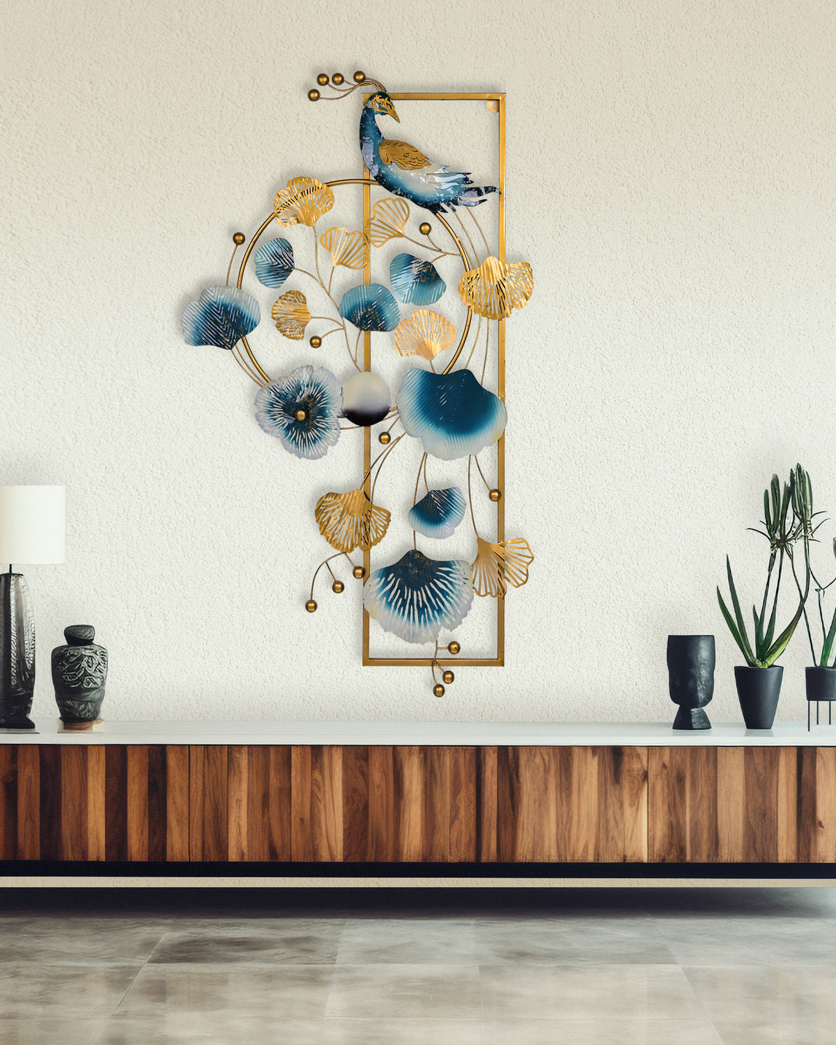Elegant peacock metal wall art with intricate feather detailing