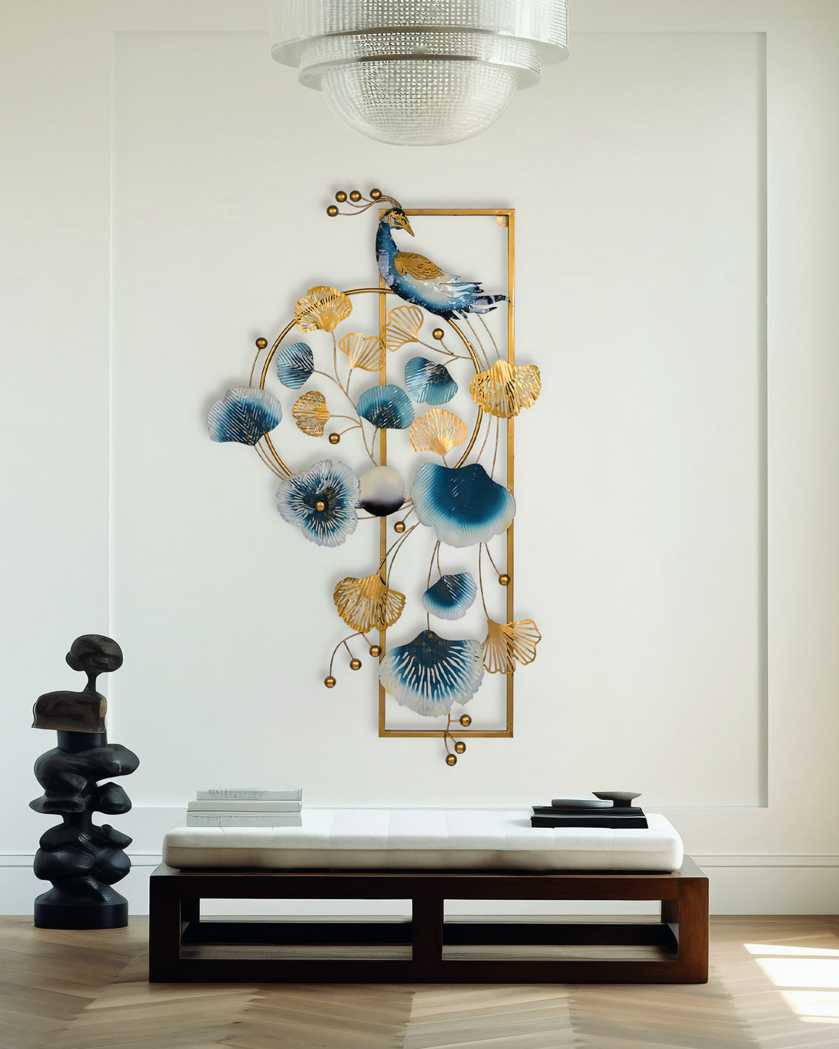 Ornate metal peacock wall decor with elegant craftsmanship