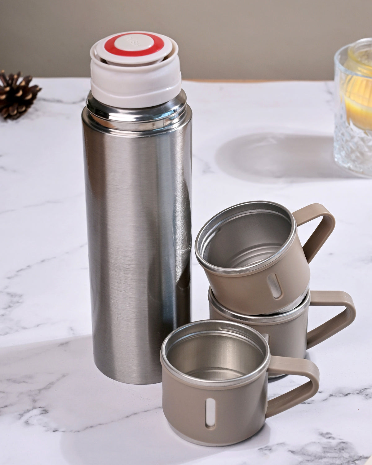 Elegant stainless steel thermos flask set for tea and coffee
