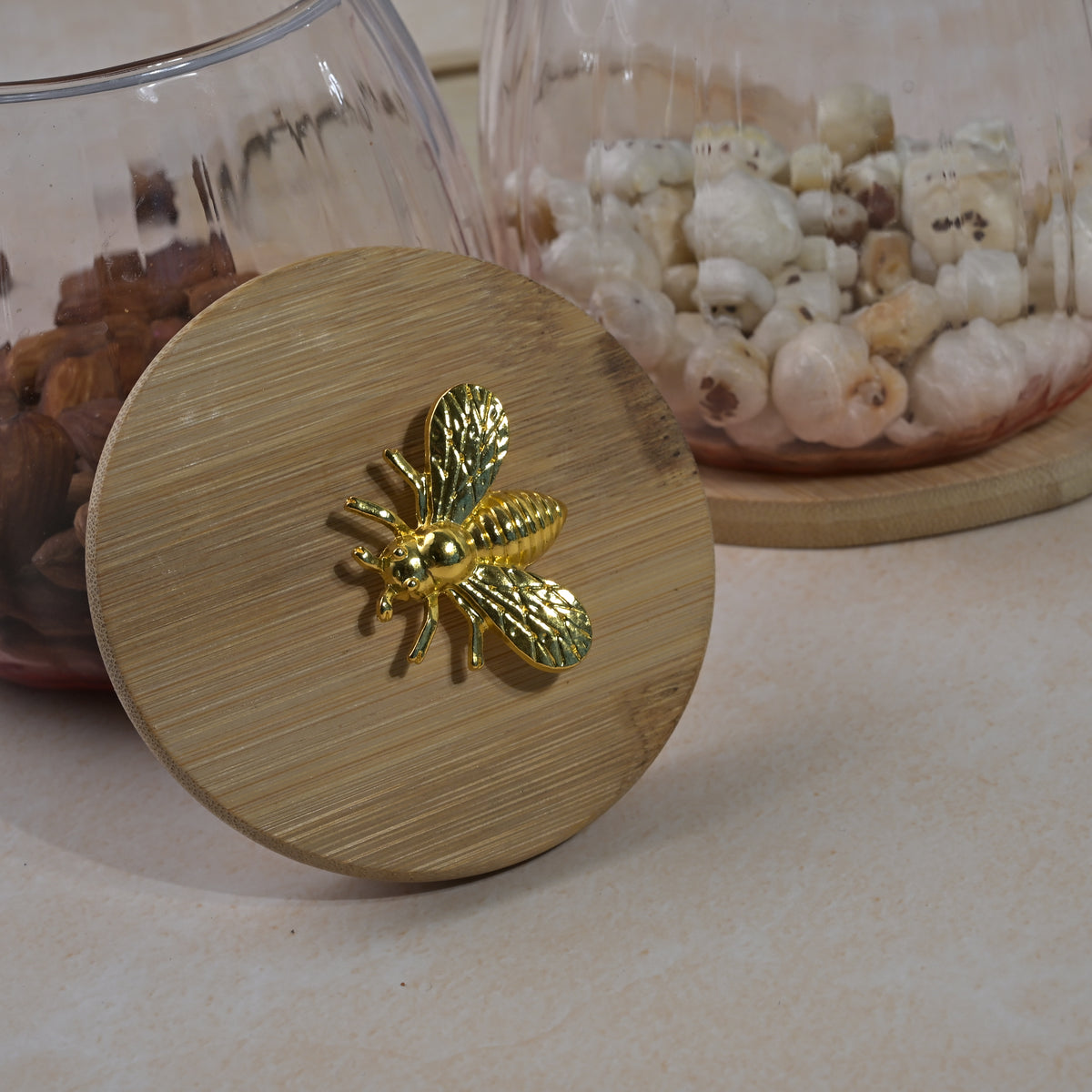 Transparent glass storage container with wooden lid