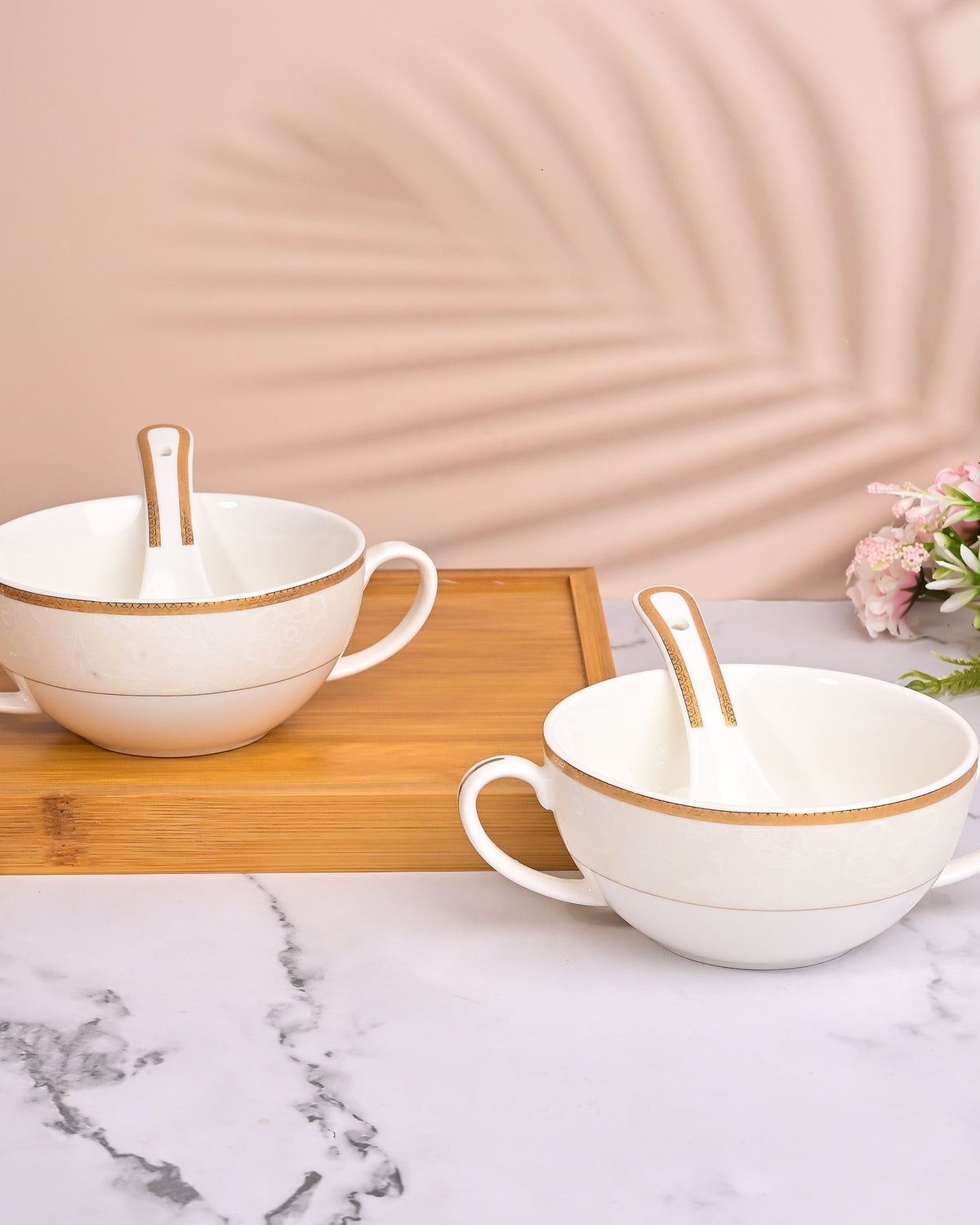 Set of 2 elegant white porcelain bowls with spoons
