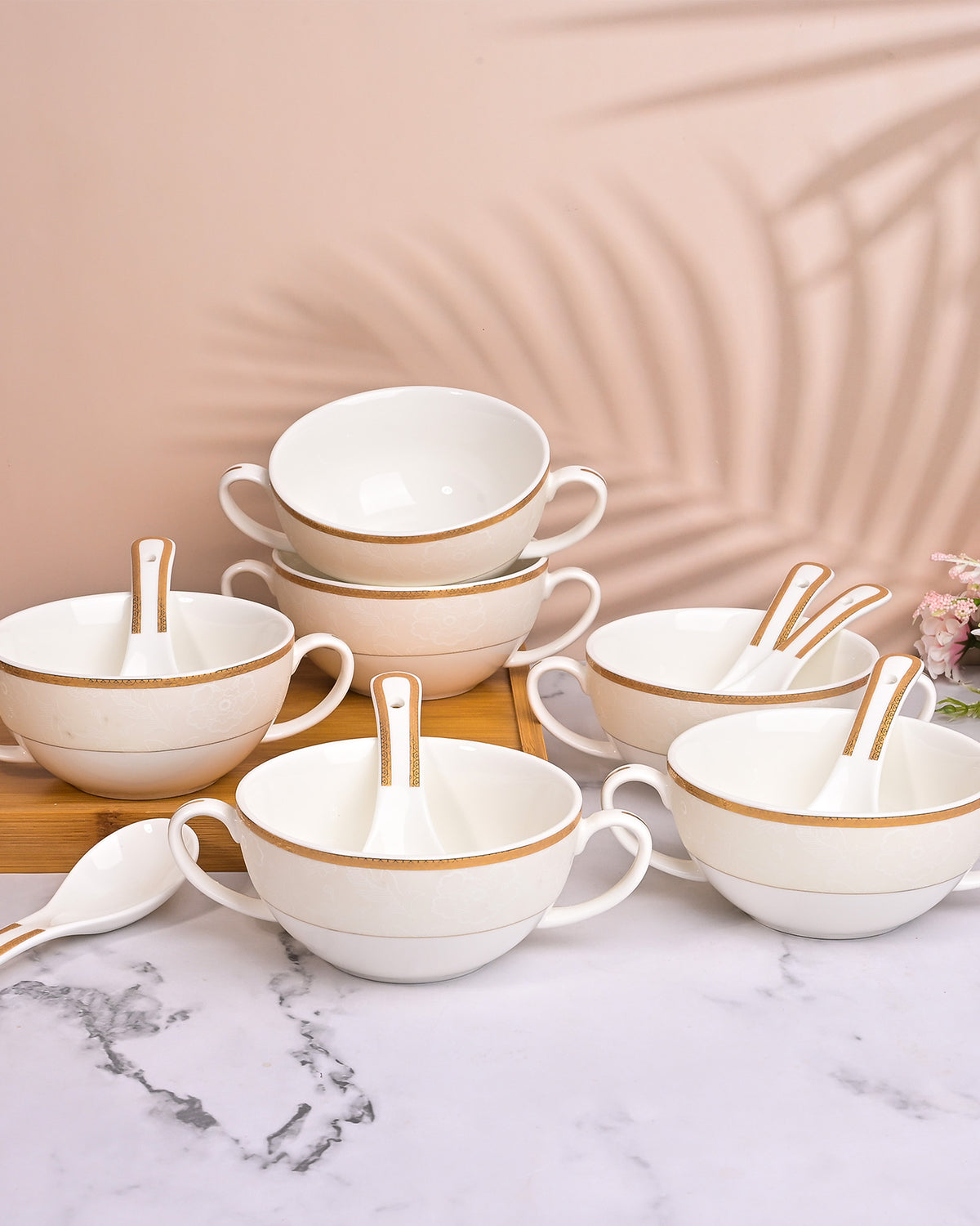 Set of 6 elegant white porcelain bowls with spoons