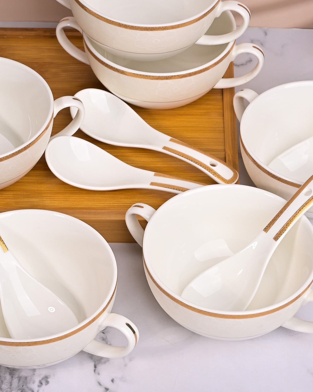 Elegant white porcelain bowl and spoon set of six