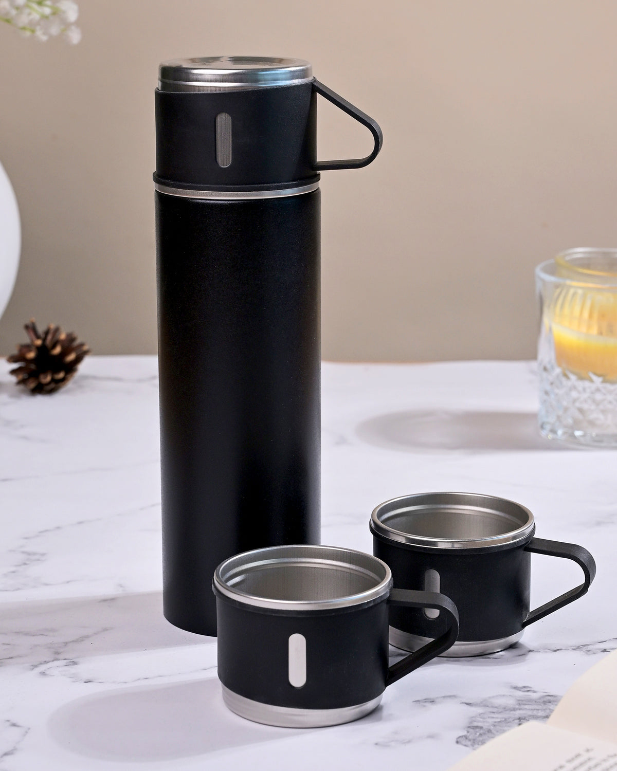 Stainless steel insulated thermos flask set for travel and outdoor use