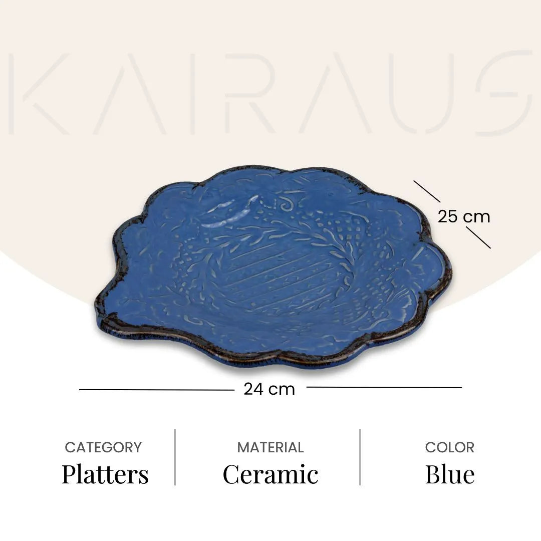 Pacific blue ceramic platter with embroidered detailing