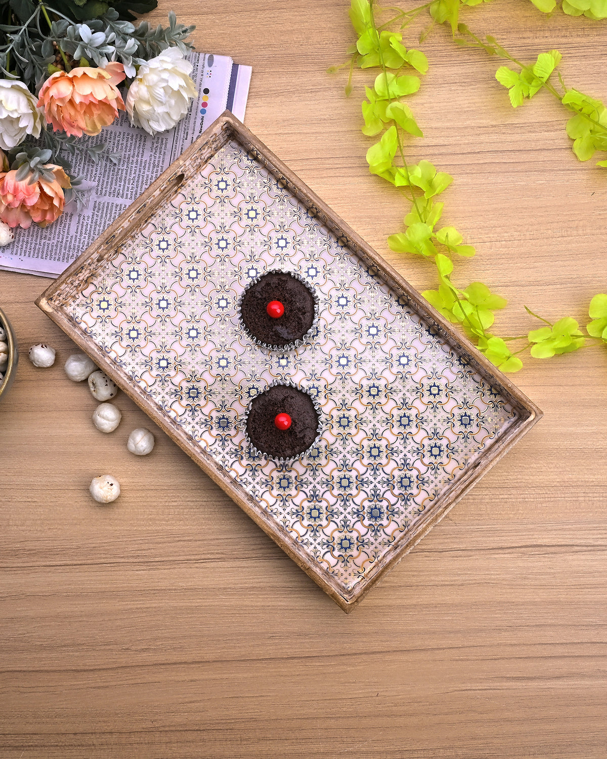 Decorative floral trays for serving snacks and drinks