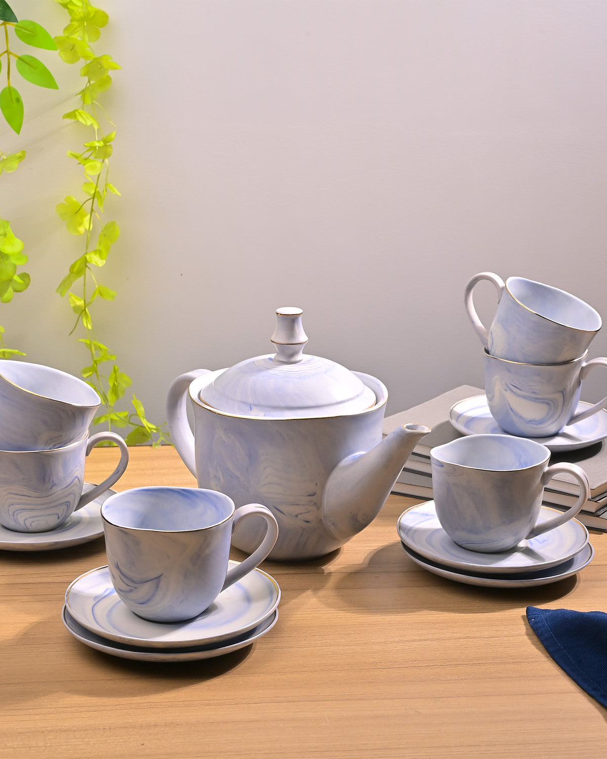 Faded sky blue tea kettle set