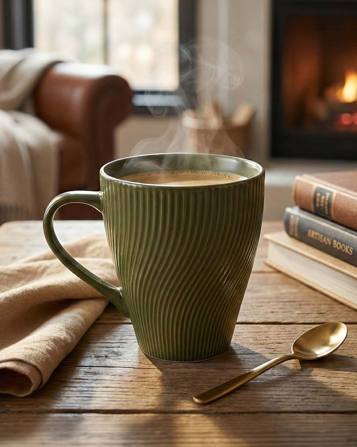 Elegant Fern Green bone china coffee mug set