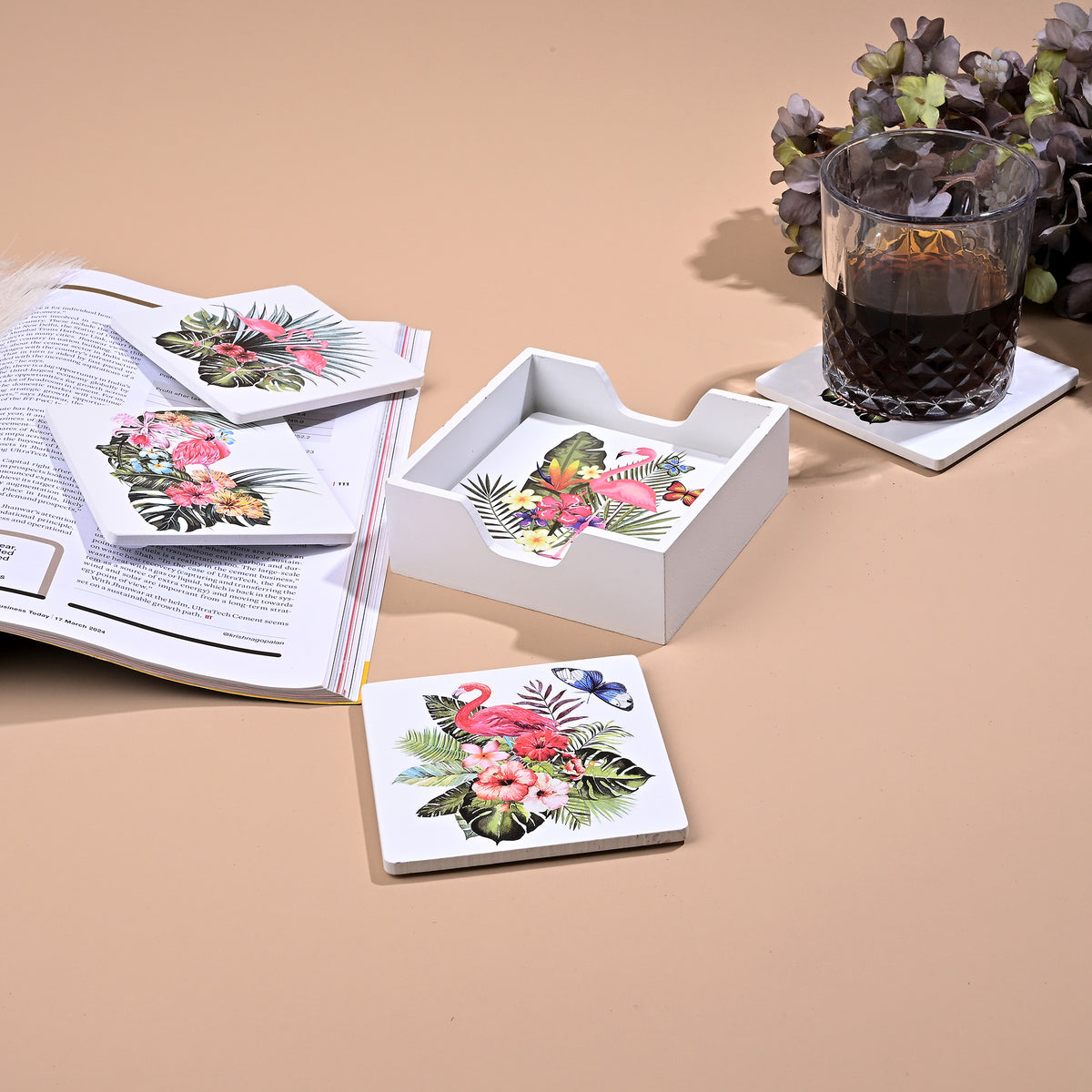 Flamingo Premium wooden coasters set of 6
