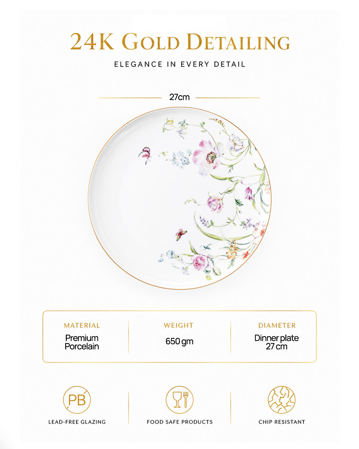 Premium floral-patterned dinner plate with gold finish