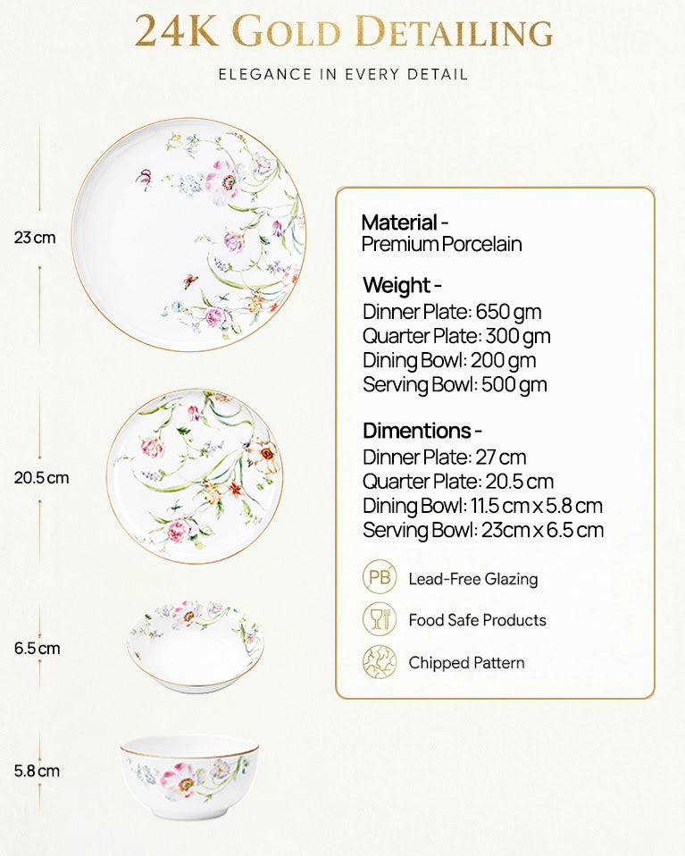 Floral Dream 27-piece dinnerware set with gold accents
