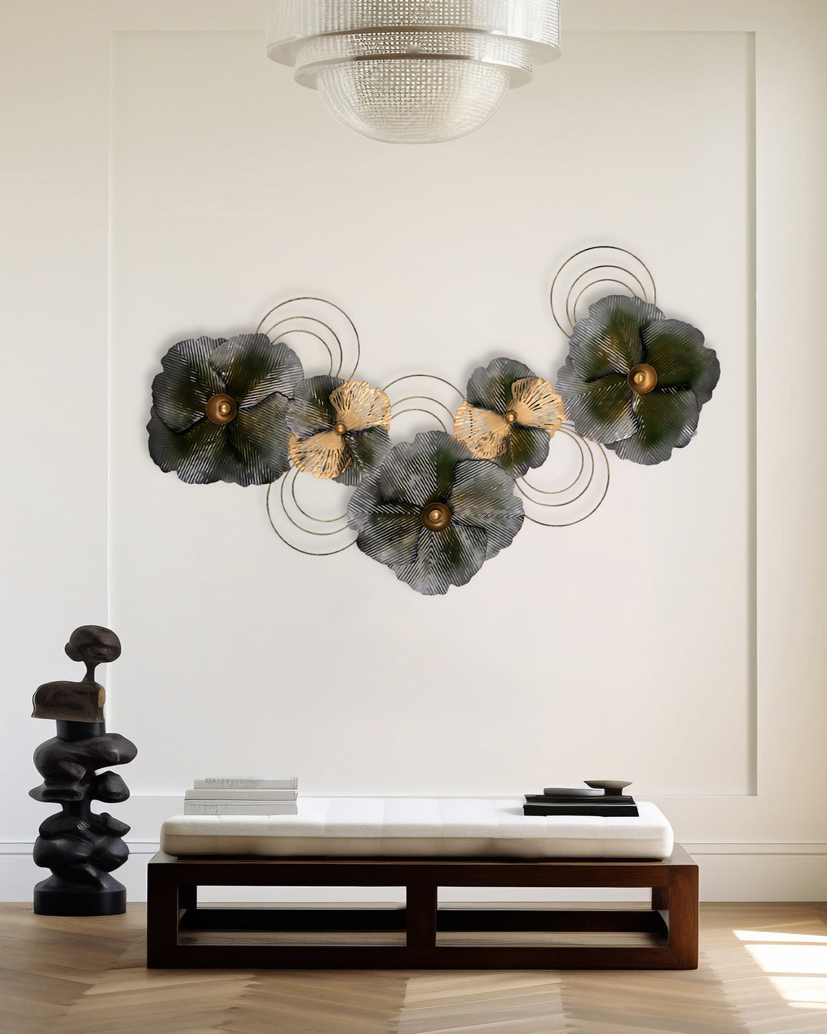 Elegant metal wall decor featuring intricate flower designs
