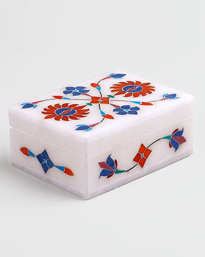 Elegant white marble jewelry box with floral inlay design