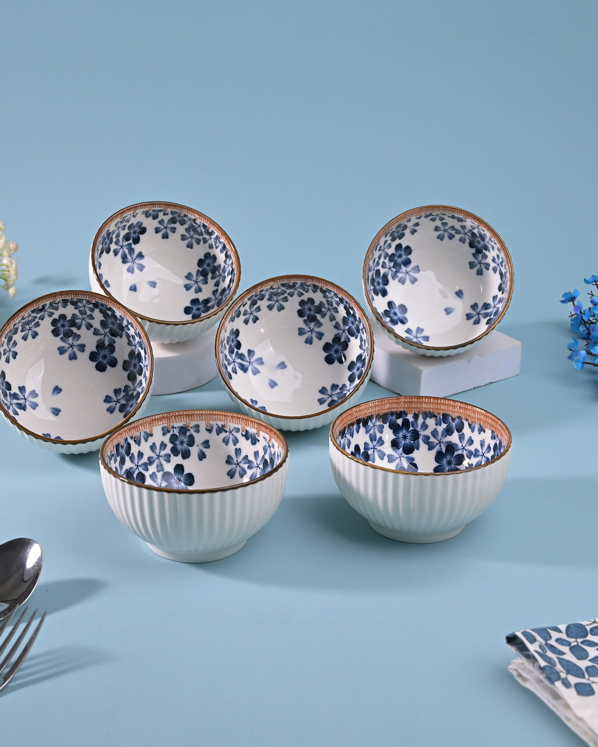Floral ribbed porcelain bowls set of 6