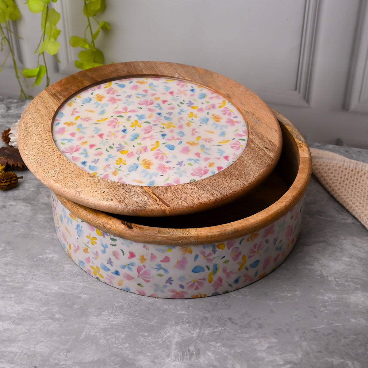 Exquisite floral wooden casserole for stylish serving