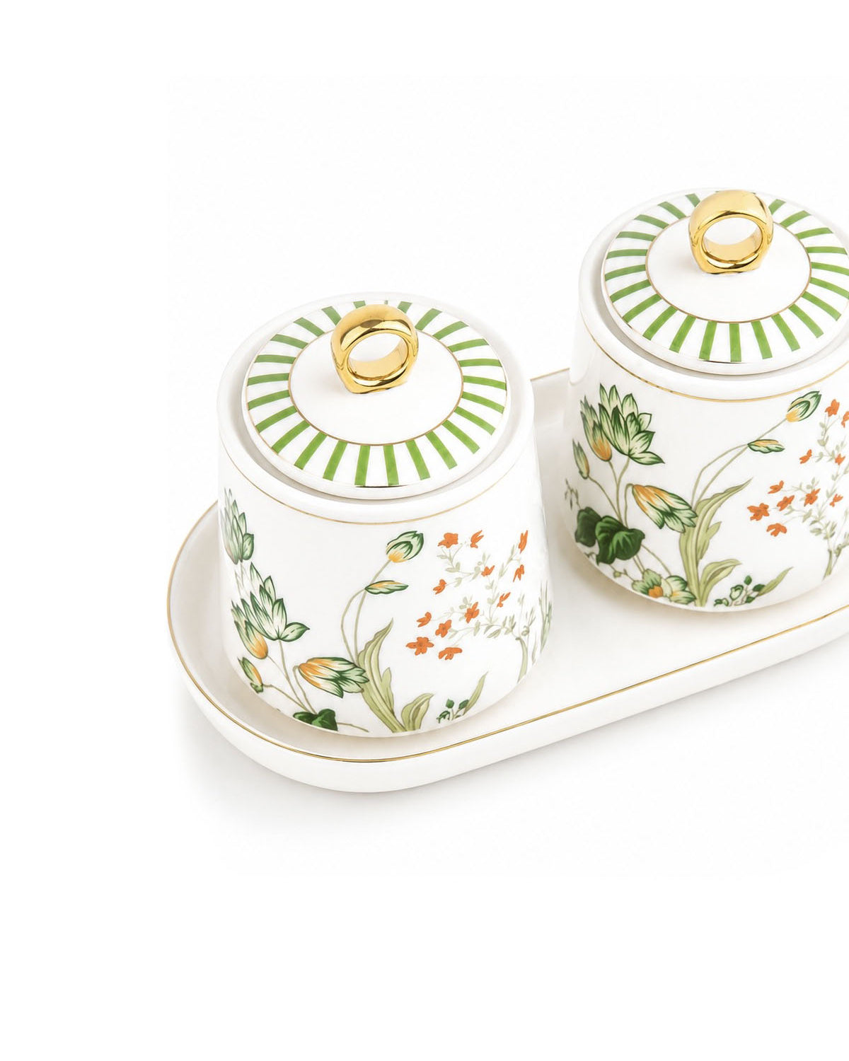 French gold condiment jars with tray