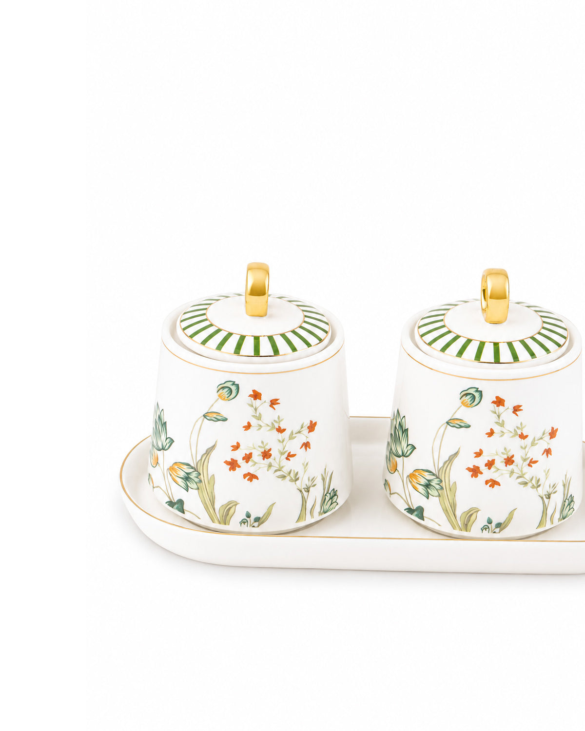 Stylish gold condiment jars with tray