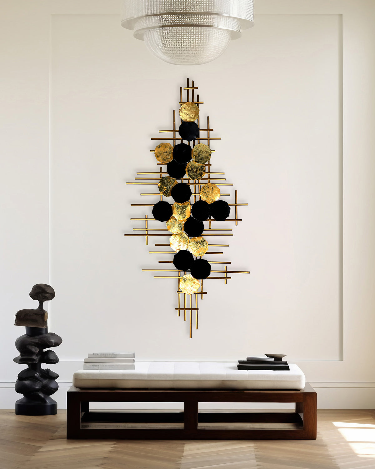 Decorative metal wall decor featuring intricate geometric patterns