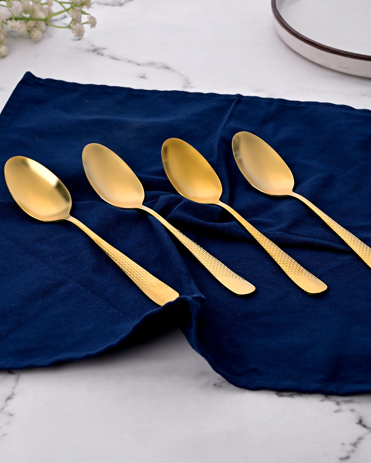 Golden Hammered Steel Spoons Set of 4 with Textured Finish