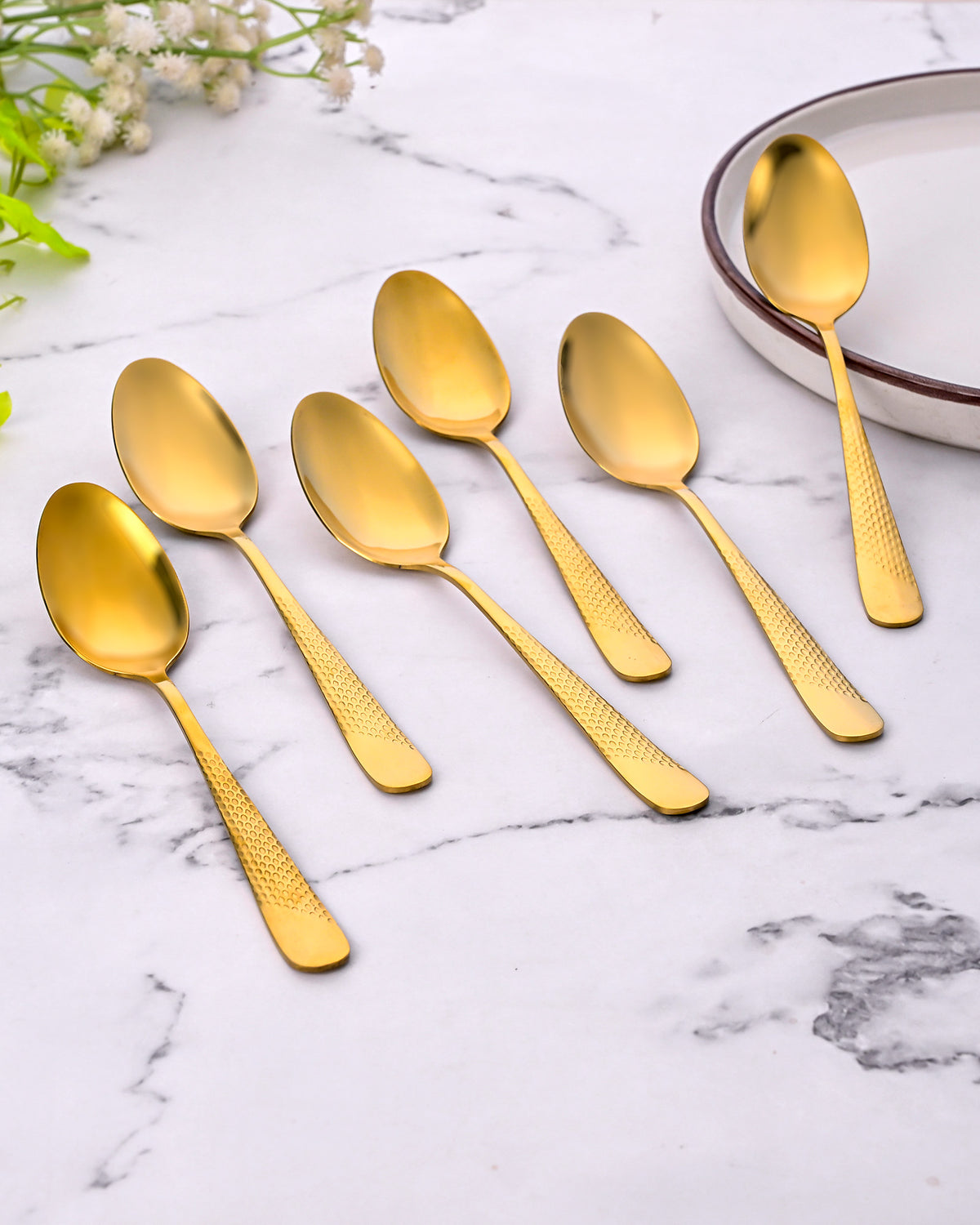 Golden Hammered Steel Spoons Set of 6 with Textured Finish