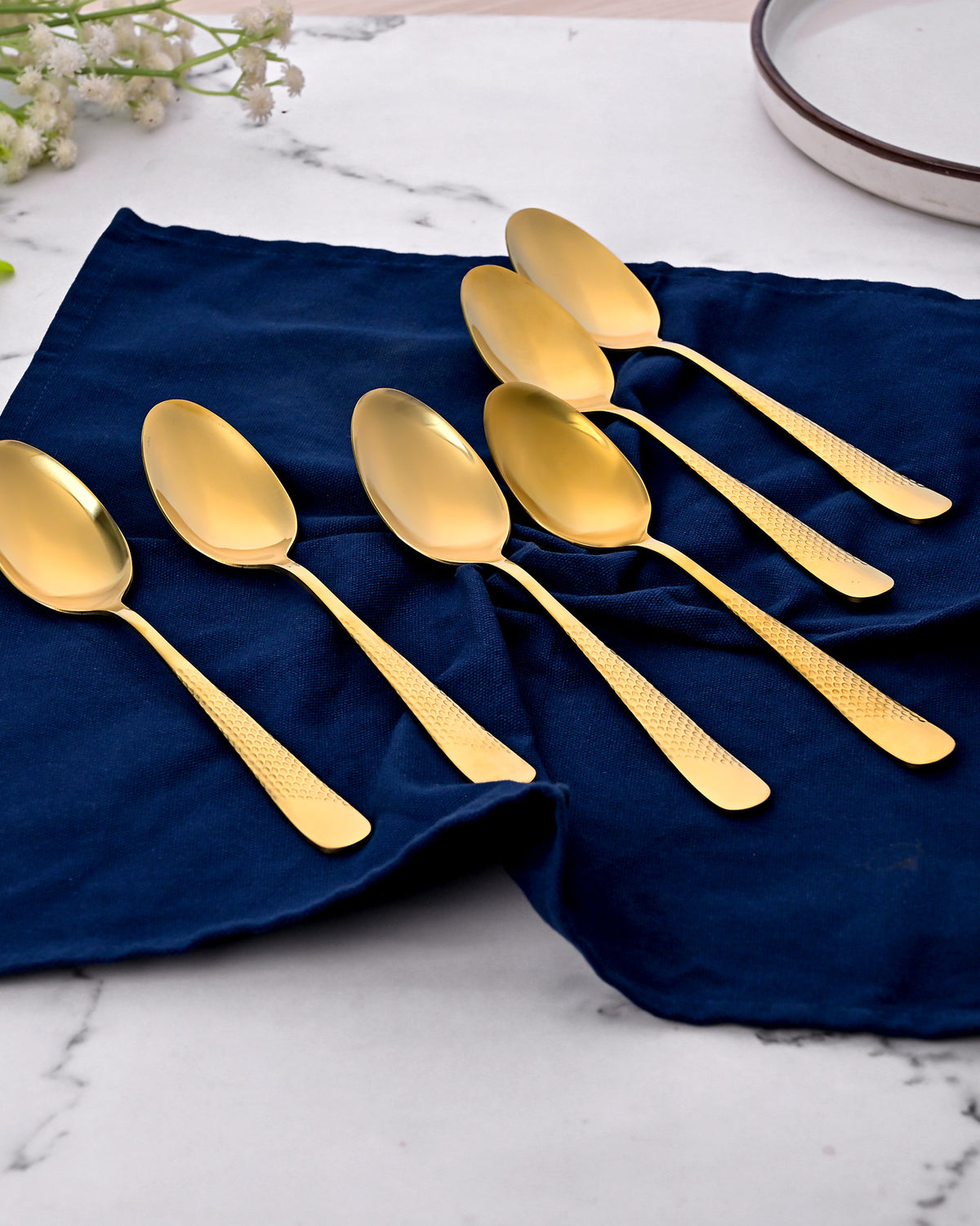 Golden Hammered Steel Spoons for Tea, Coffee, and Desserts