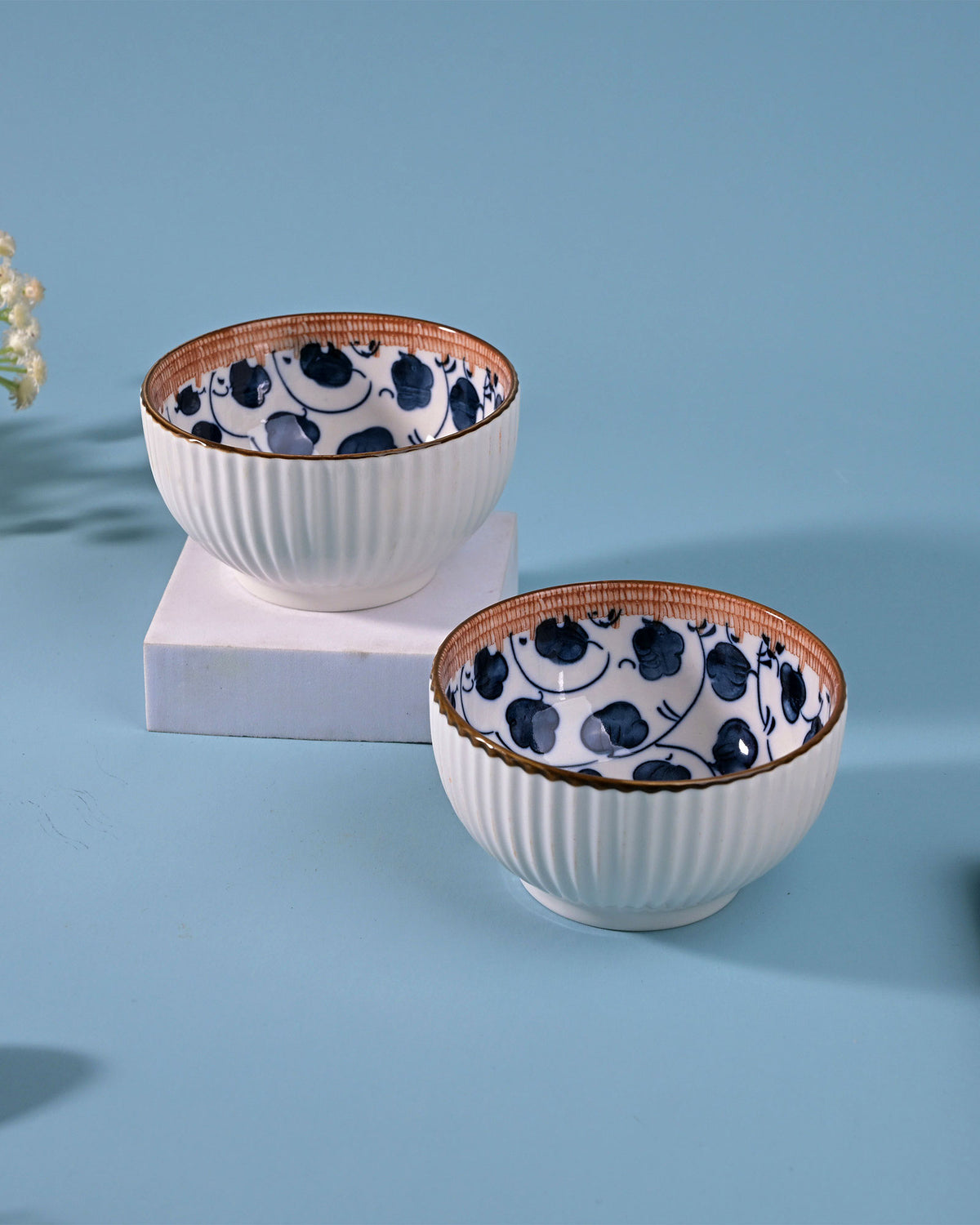 Elegant hand-painted ribbed porcelain bowl set