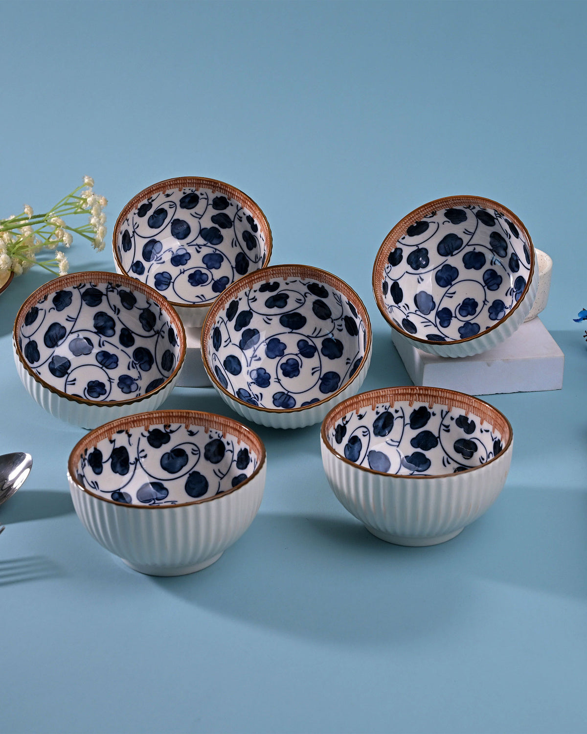Hand-painted ribbed porcelain bowls set of 6