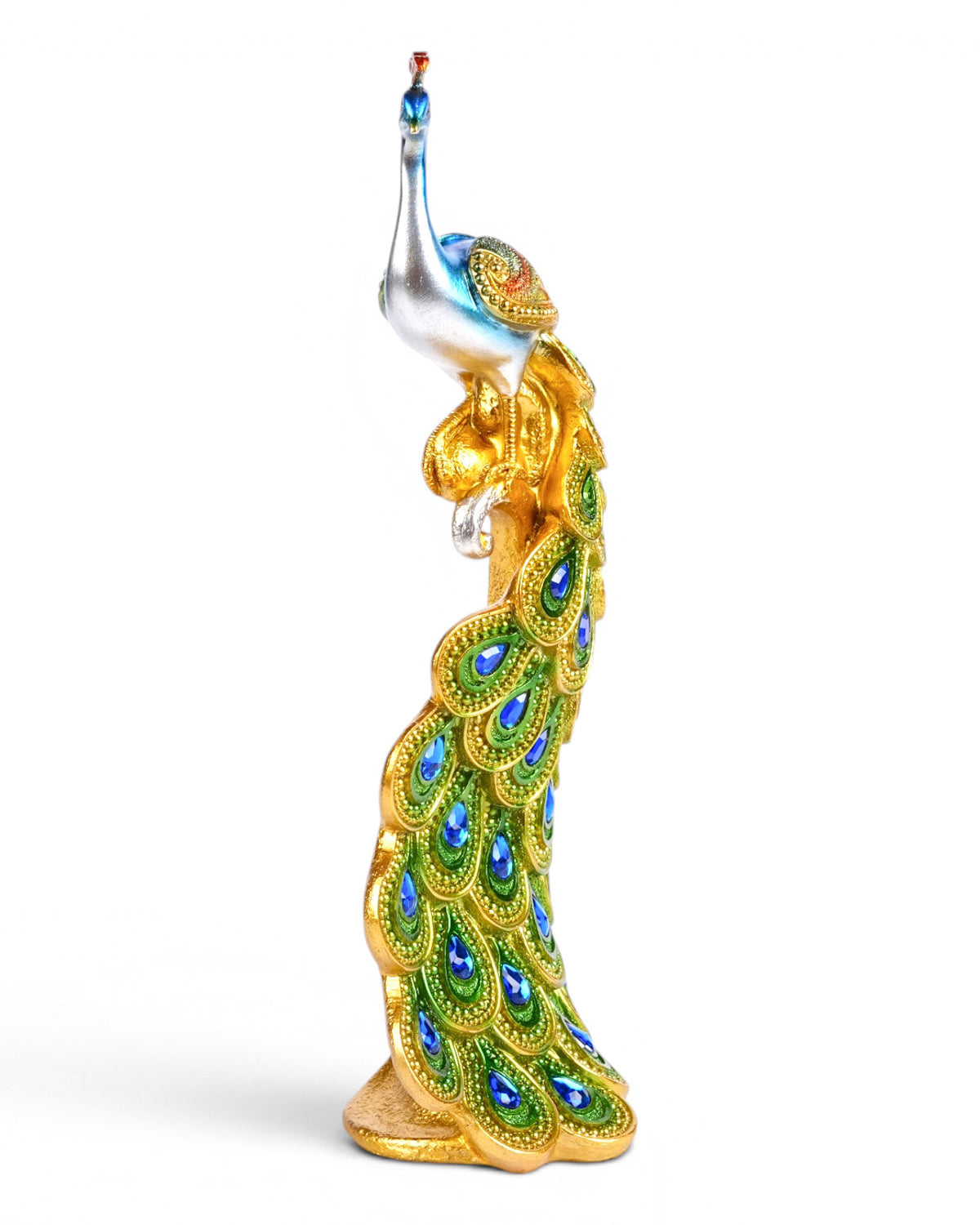 Close-up of the Kalapi Emerald Peacock Tower Figurine details