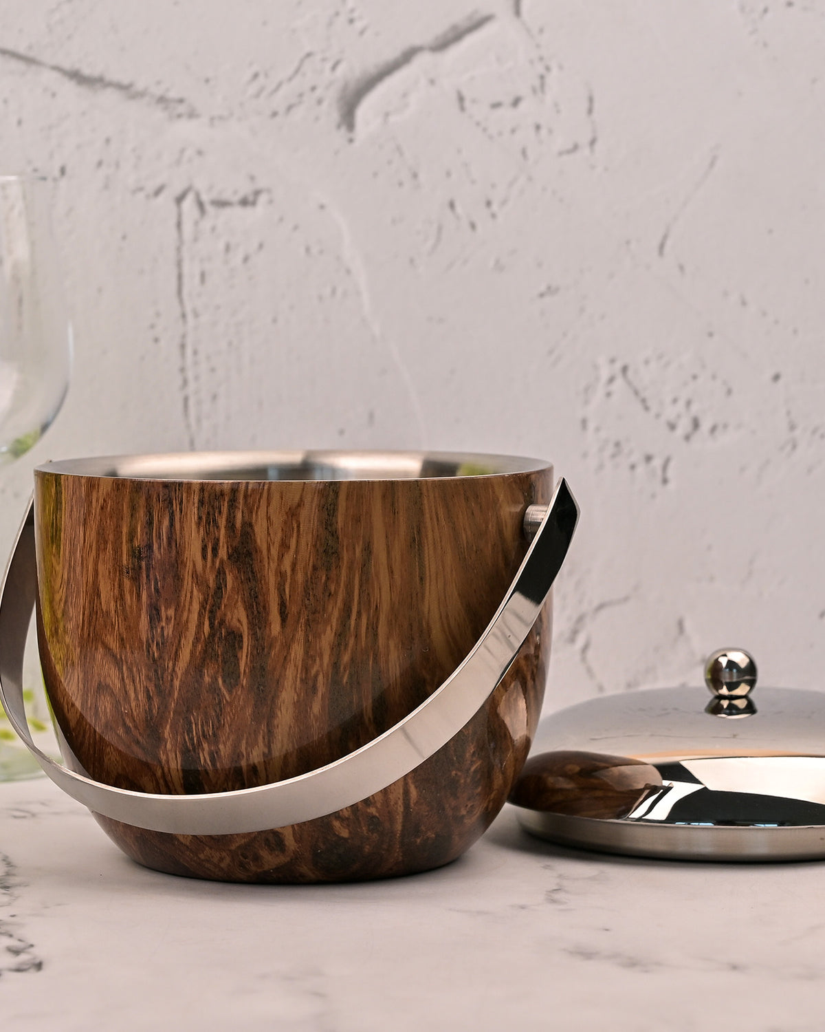Luxe Stainless Steel Ice Bucket Styled for a Home Bar Setup