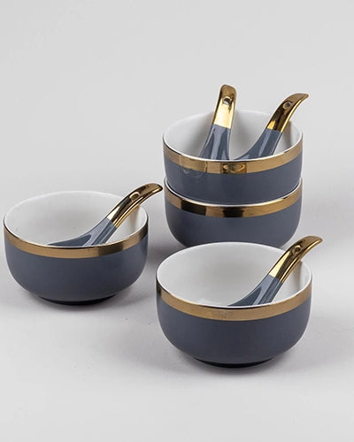 Luxe grey porcelain gold rim bowl set of 4