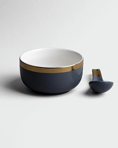 Set of four grey porcelain gold rim bowls