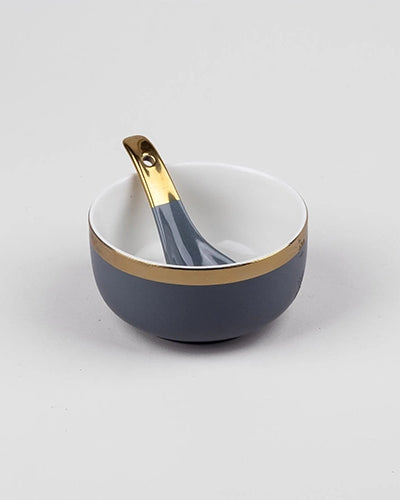 Four-piece grey porcelain bowl set with gold rim