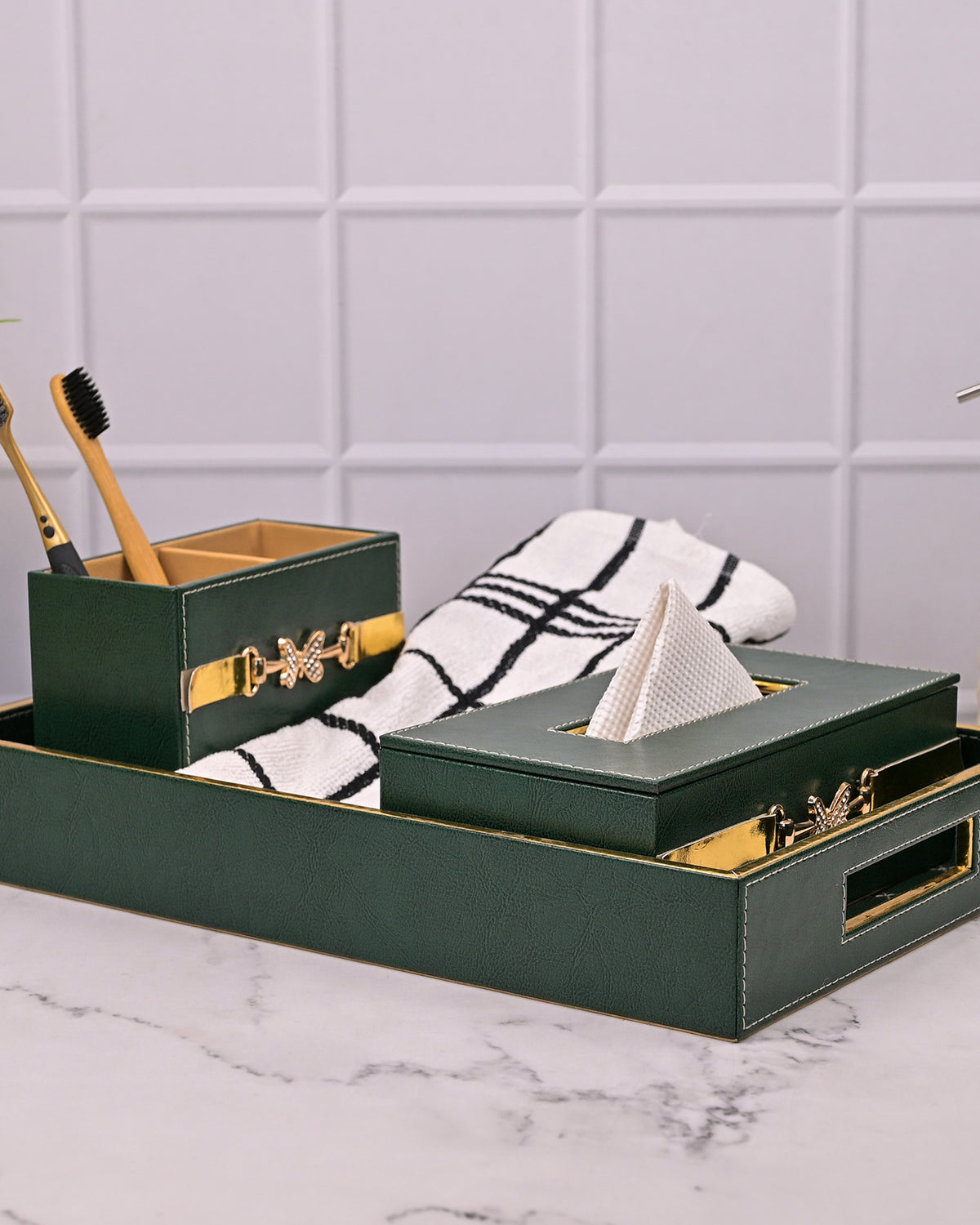 Luxury green leather bathroom accessory set with elegant design