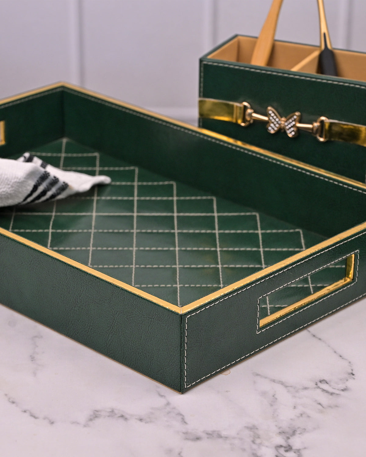Premium green leather bathroom accessories for modern interiors