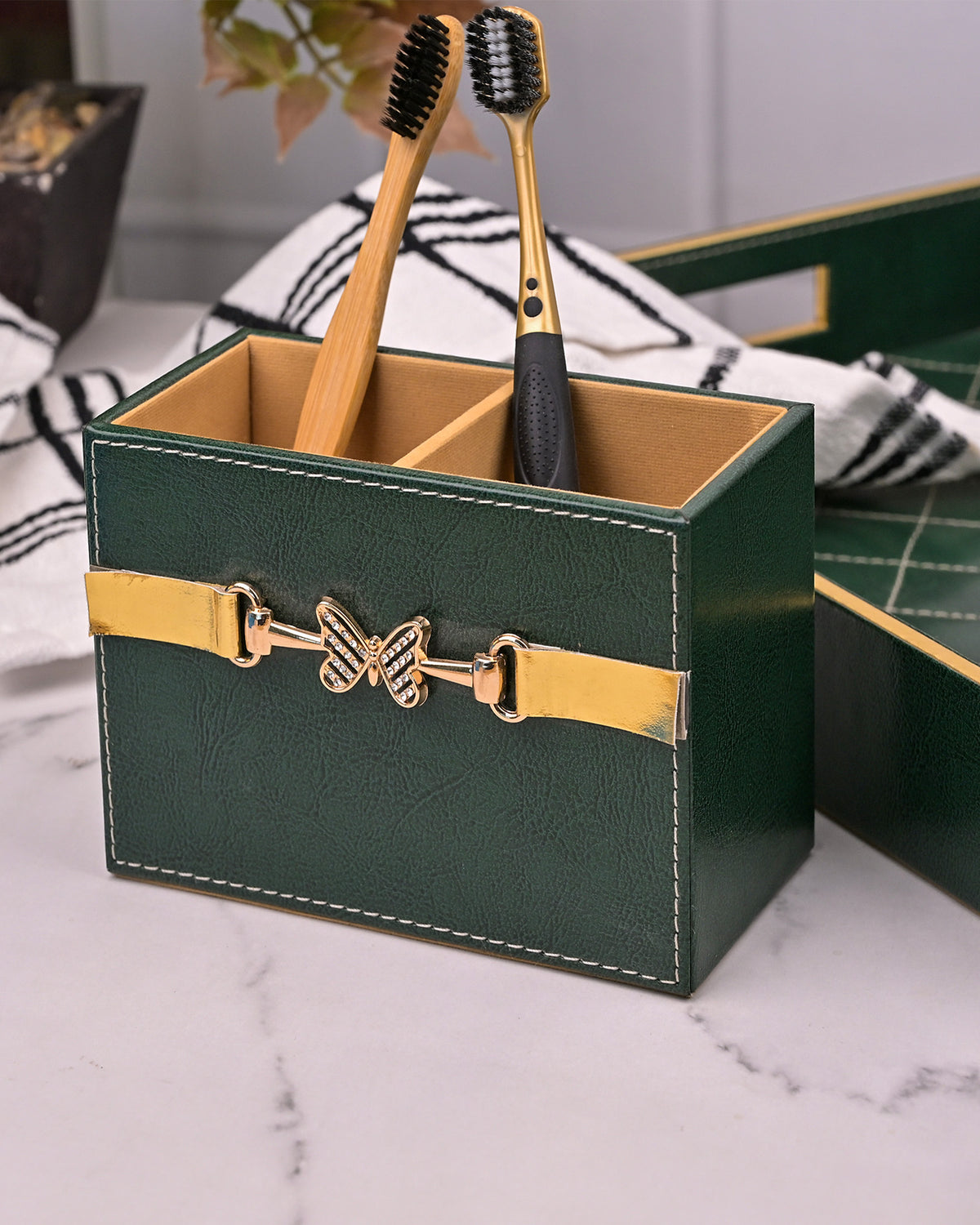 Sophisticated green leather bathroom accessory collection