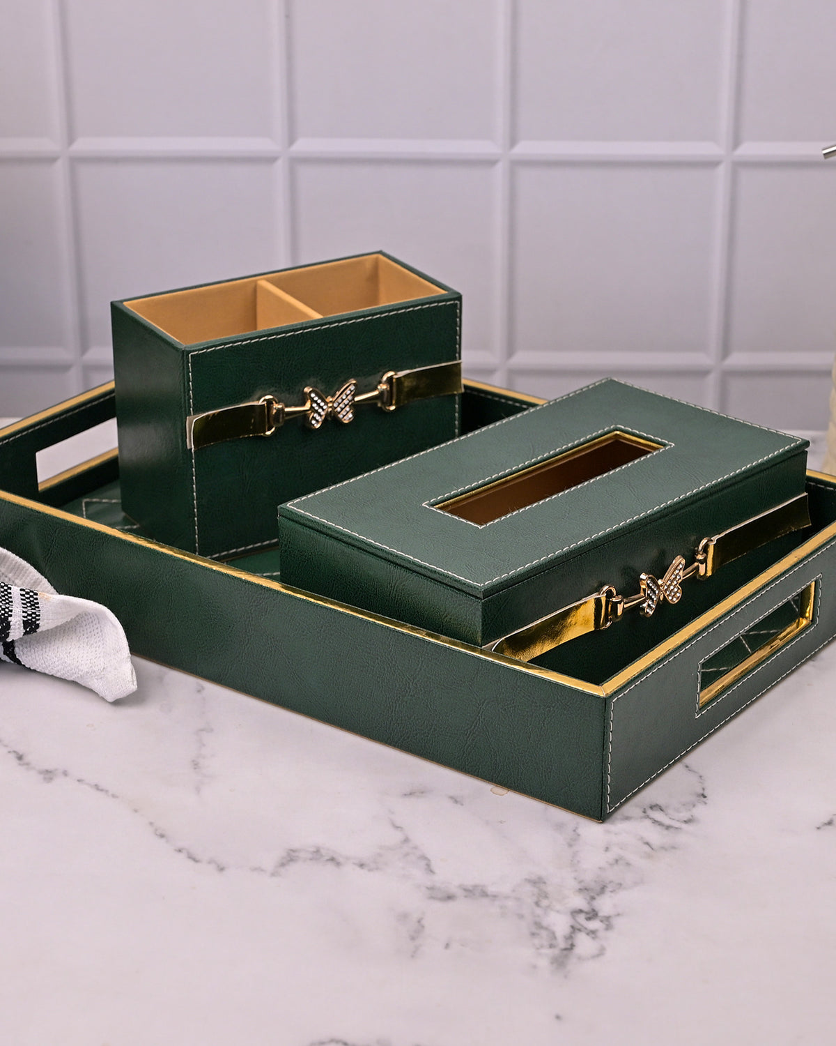 Luxury green leather vanity set with coordinated accessories