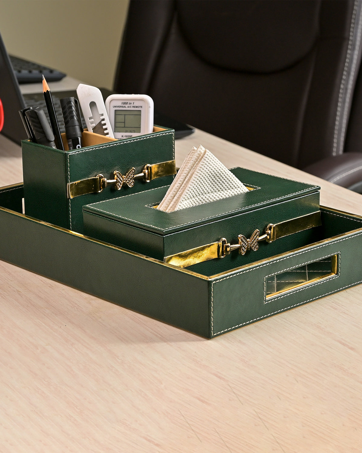 Luxury green leather desk organiser set for office decor