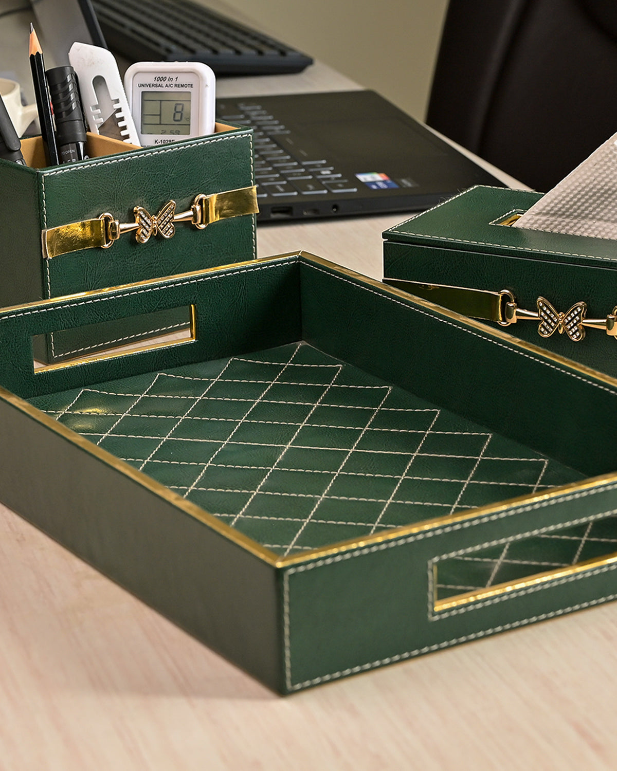 Elegant green leather desk organiser set with compartments
