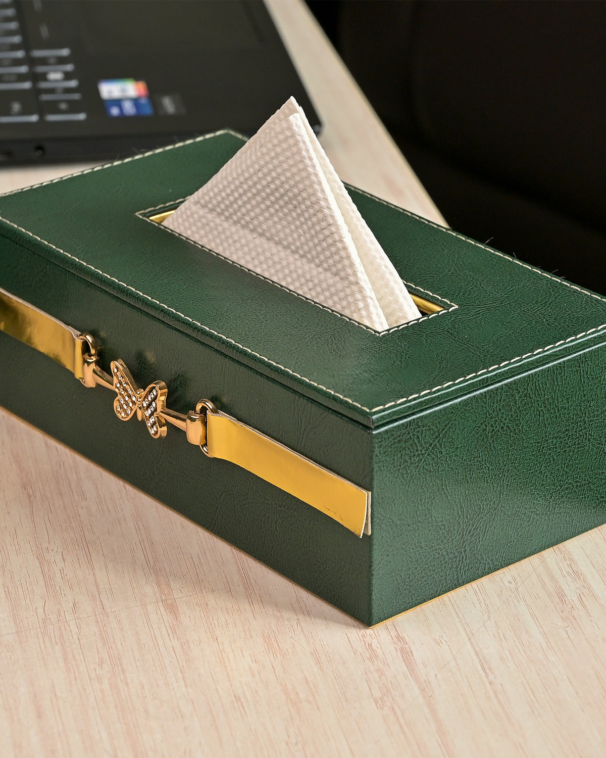 Decorative green leather desk accessory set
