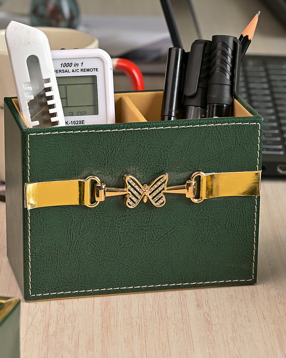 Professional green leather desktop organiser with storage