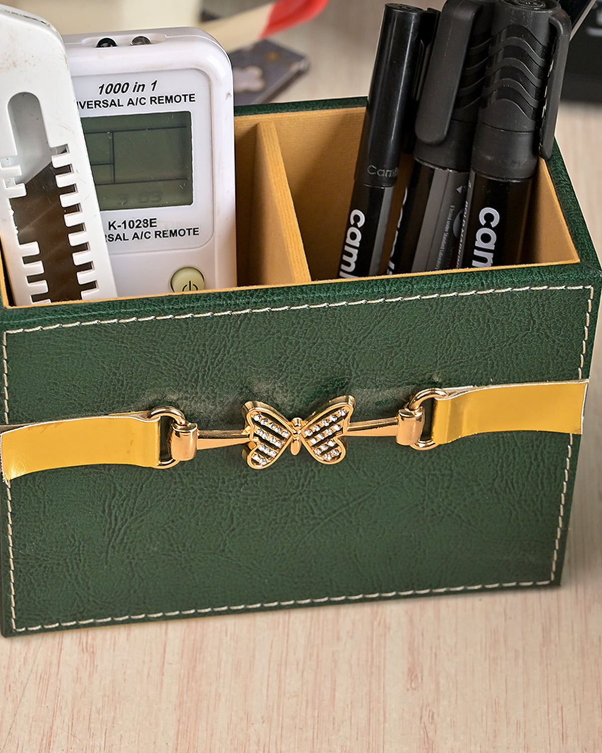Green leather office organiser set for stationery and accessories