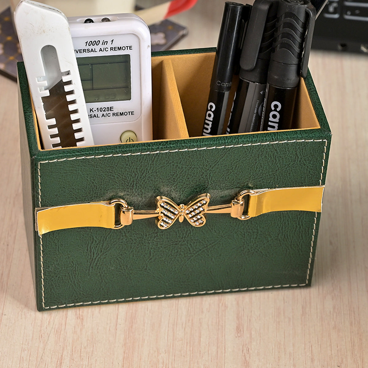 Green leather office organiser set for stationery and accessories