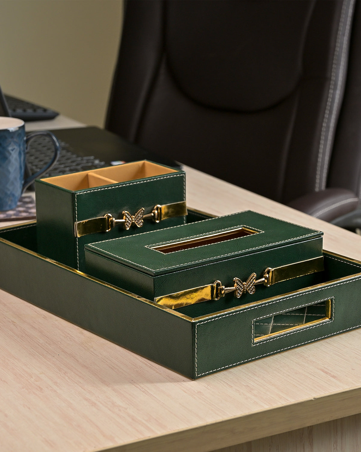 Compact green leather desk storage organiser set