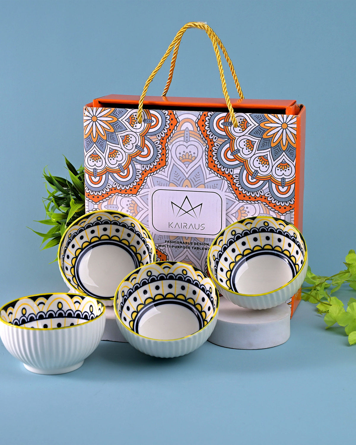 Set of four Mandala handcrafted porcelain bowls