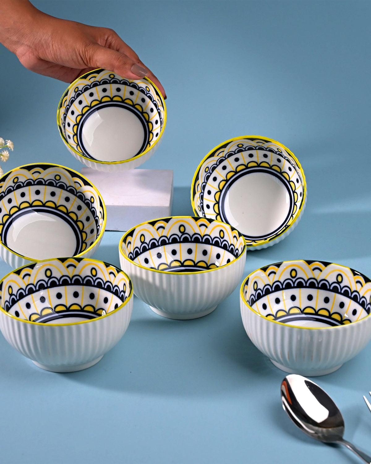 Set of six Mandala handcrafted porcelain bowls