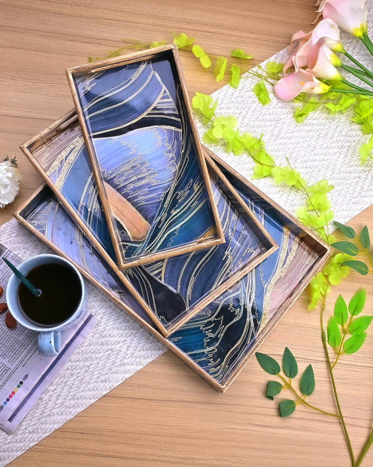 Decorative black serving tray set of three