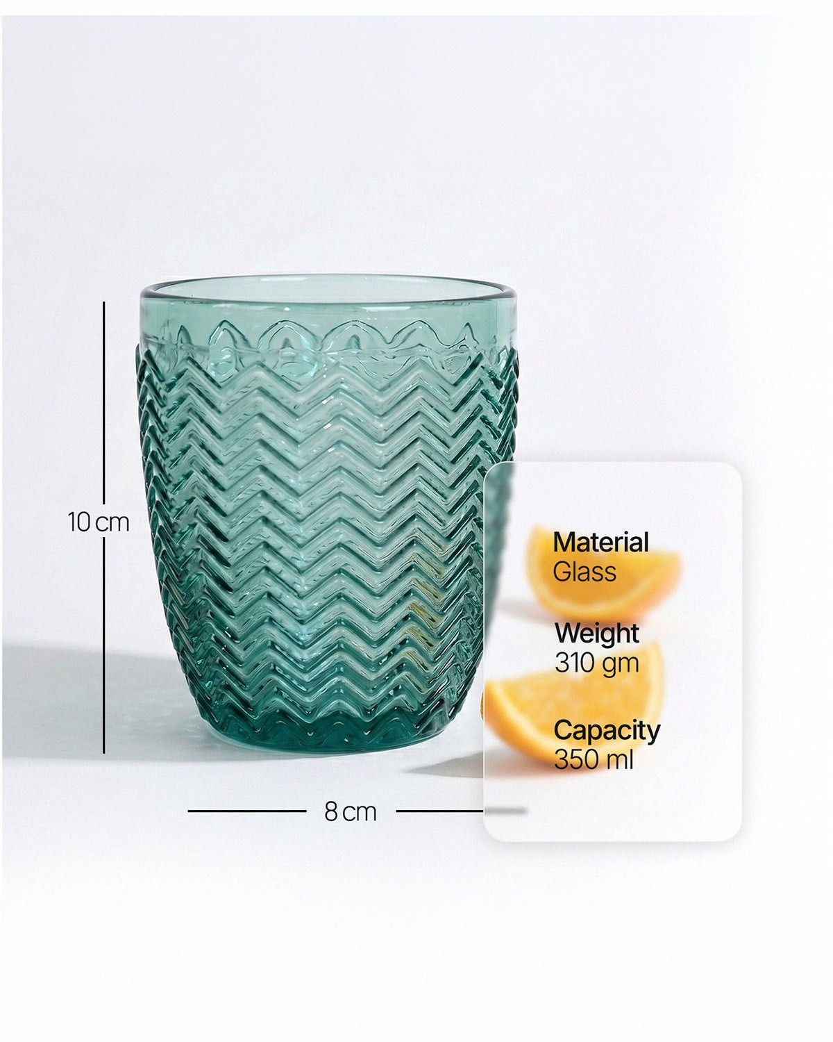 Six Midori clear drinking glasses on display